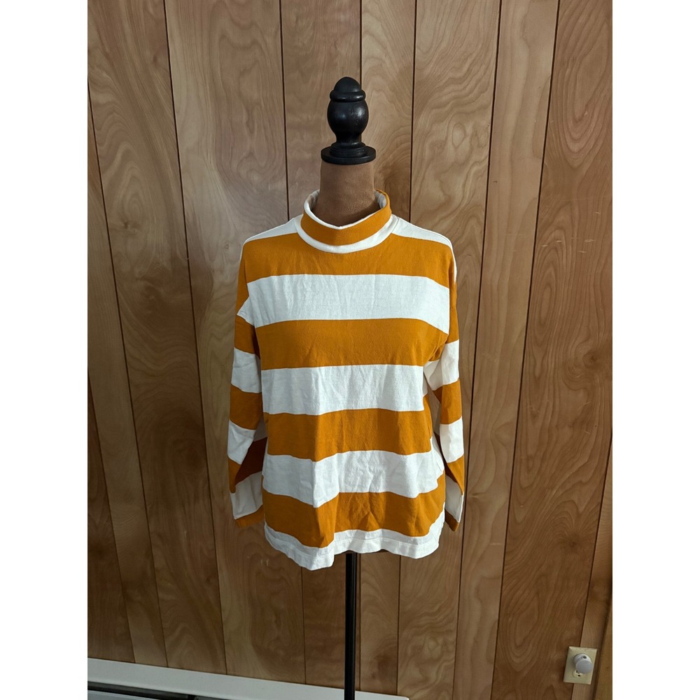 Madewell Womens XS Mustard Yellow‎ White Striped Mock Neck Button Sleeve T-Shirt